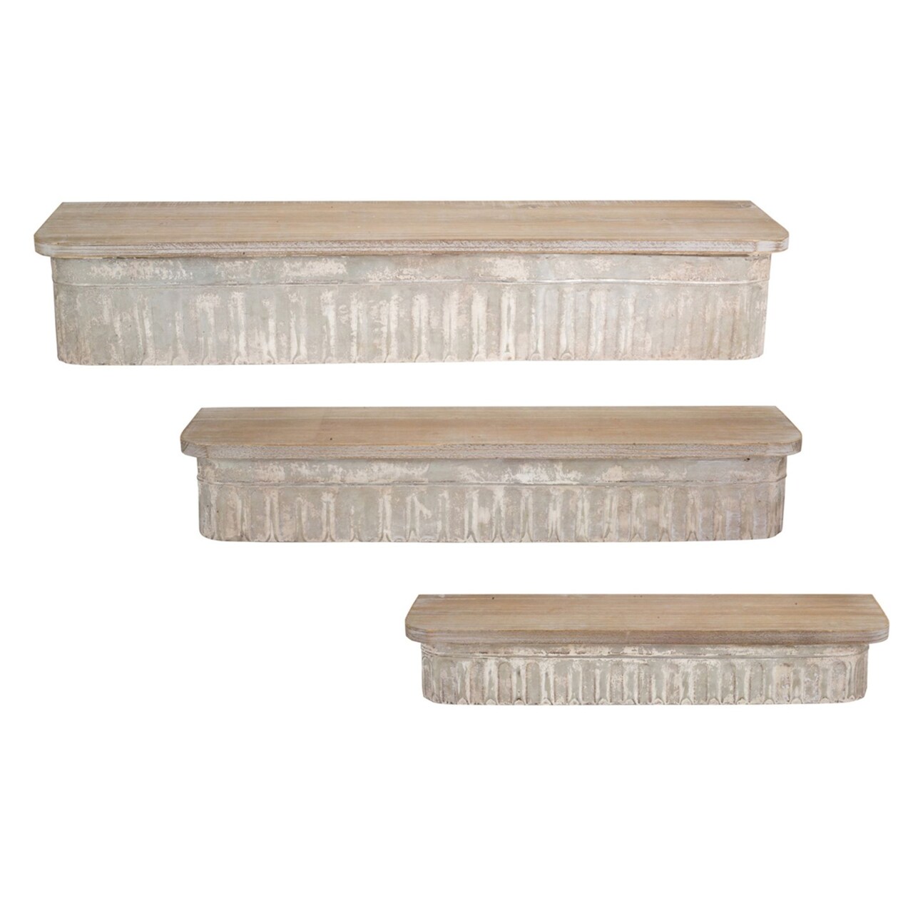 Contemporary Home Living Set of 3 Distressed Gray and Brown Corrugated Metal Wall Shelves 32.5"